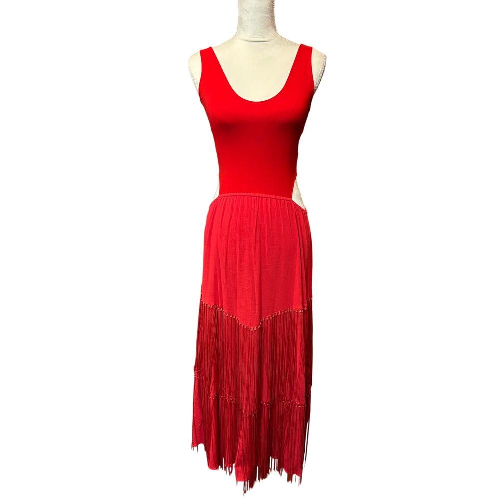 BNWT Chasing Unicorns Libertango Cotton Jersey + Fringe Maxi Dress Scarlett Red
